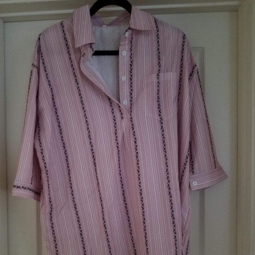 Women's Pink With Black Design Stripes, Half Button Front, 3/4 Sleeves Blouse